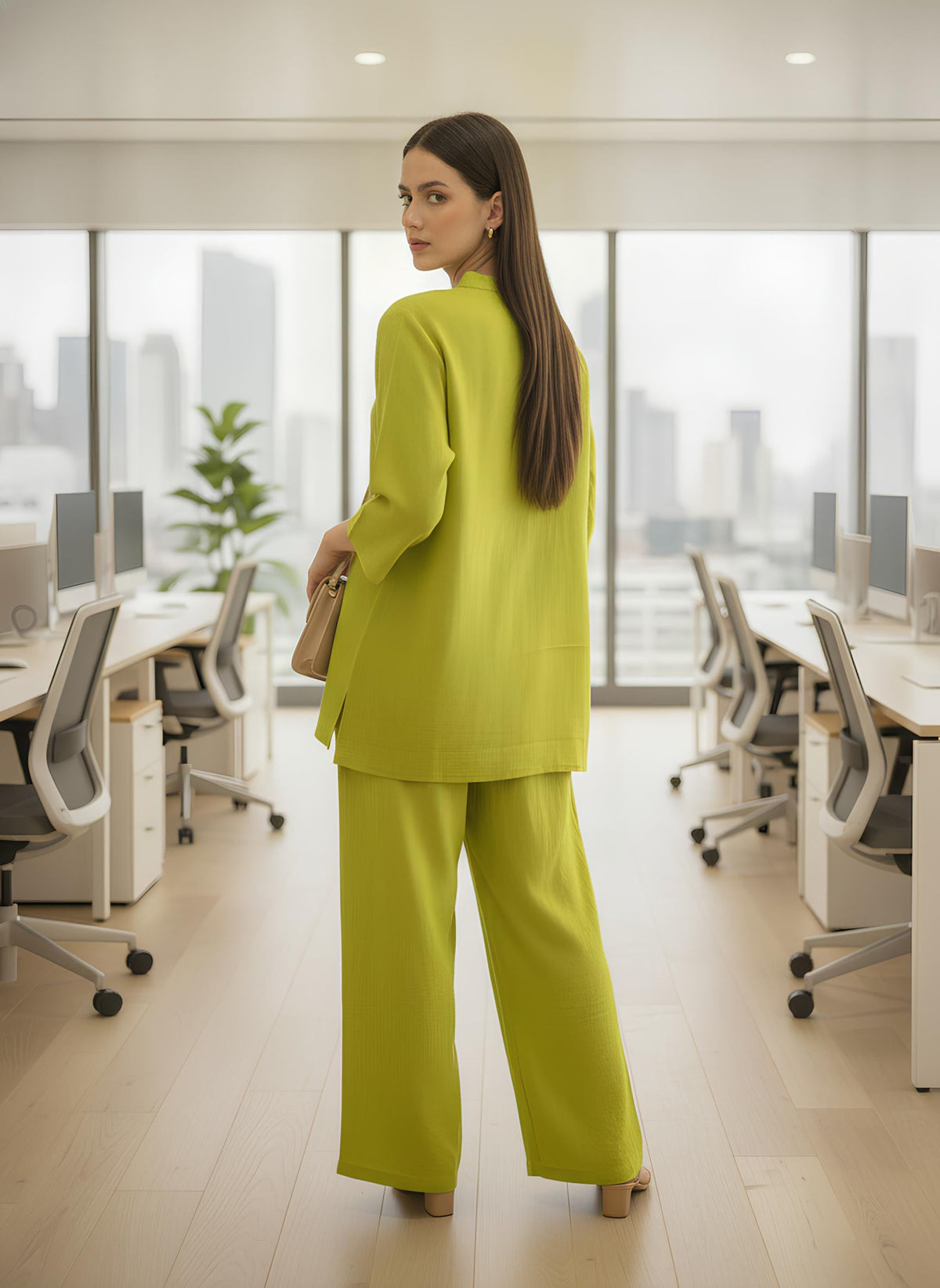 Women Green Solid Round-Neck Top & Trousers Co-ords Set
