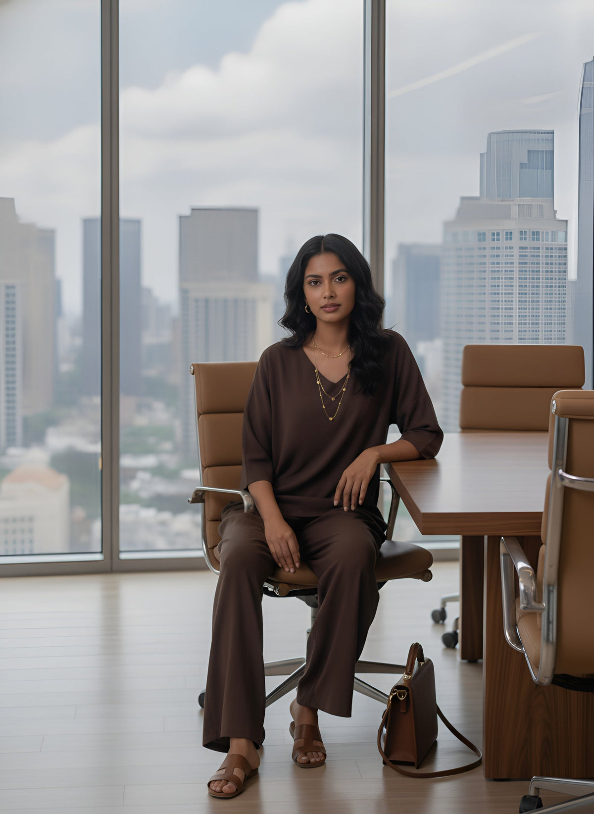 Women Brown Solid V-Neck Top & Trousers Co-ords Set
