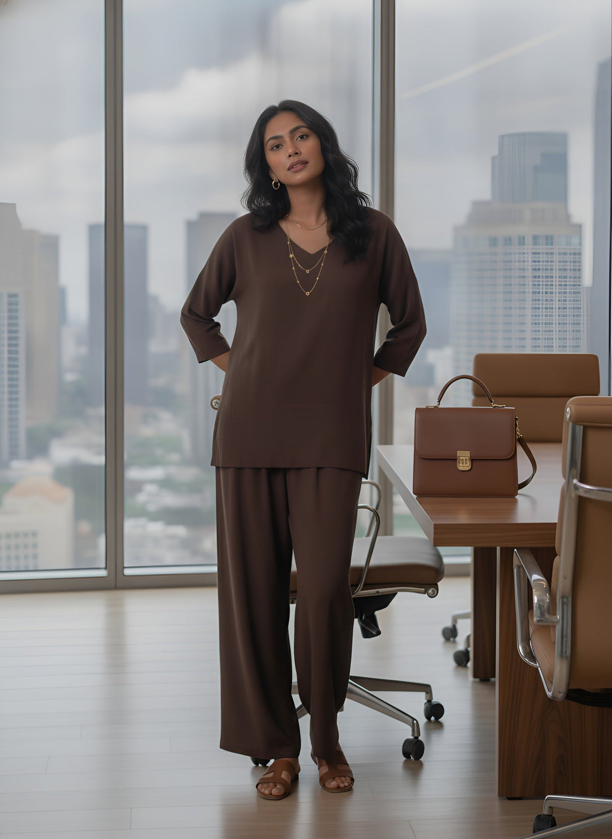 Women Brown Solid V-Neck Top & Trousers Co-ords Set