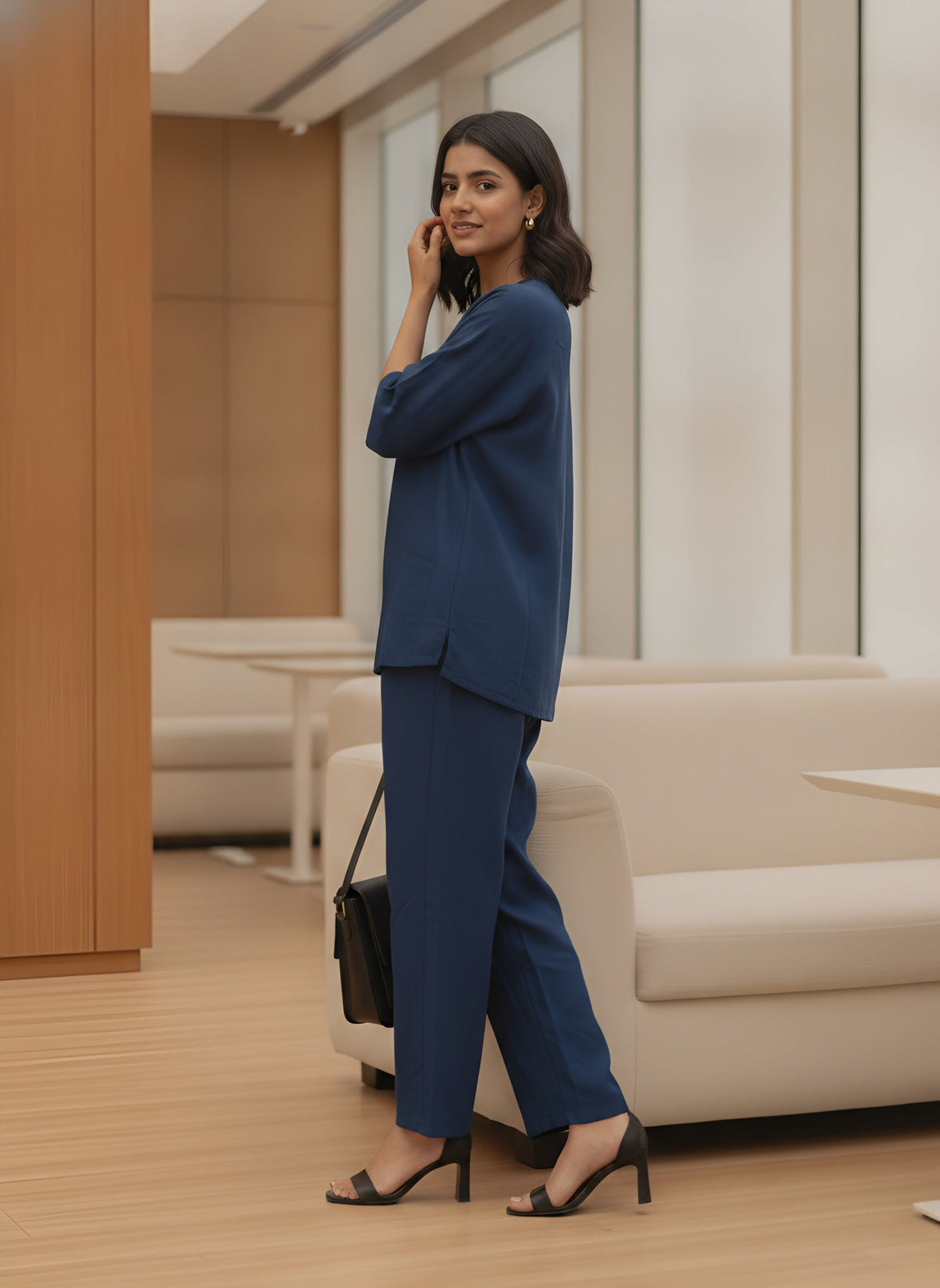 Women Blue Solid V-Neck Top & Trousers Co-ords Set