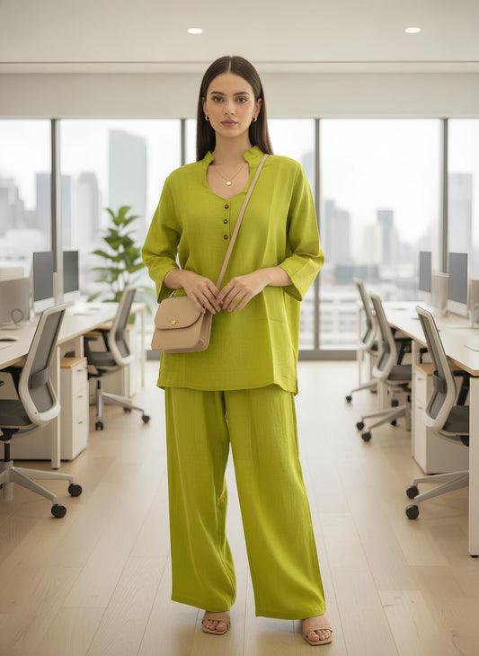 Women Green Solid Round-Neck Top & Trousers Co-ords Set