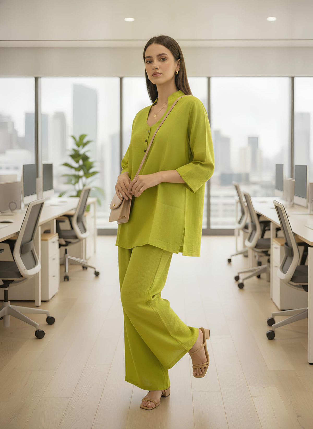 Women Green Solid Round-Neck Top & Trousers Co-ords Set