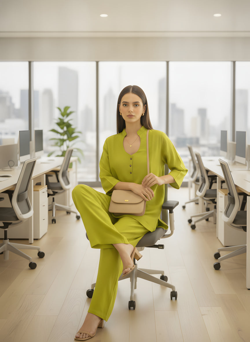 Women Green Solid Round-Neck Top & Trousers Co-ords Set