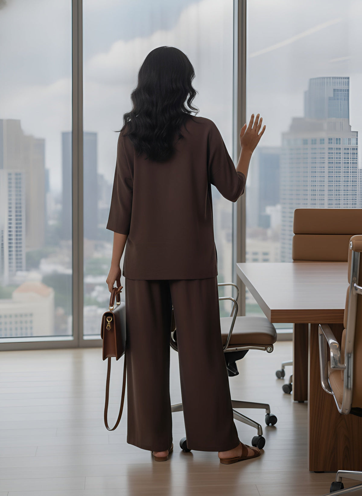 Women Brown Solid V-Neck Top & Trousers Co-ords Set