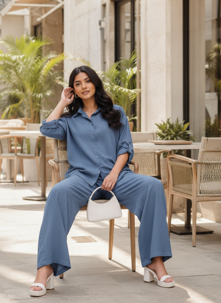 Women Blue Solid Shirt & Trousers Co-ords Set