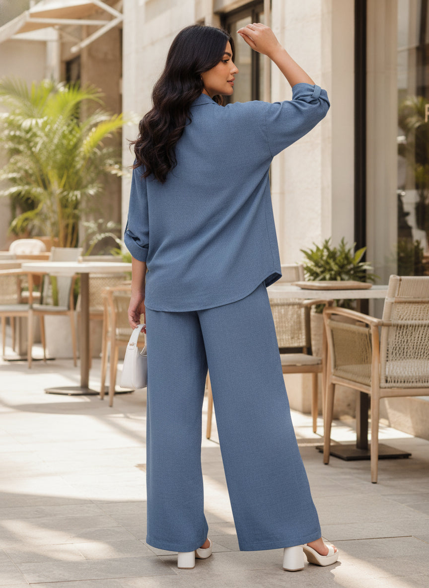 Women Blue Solid Shirt & Trousers Co-ords Set