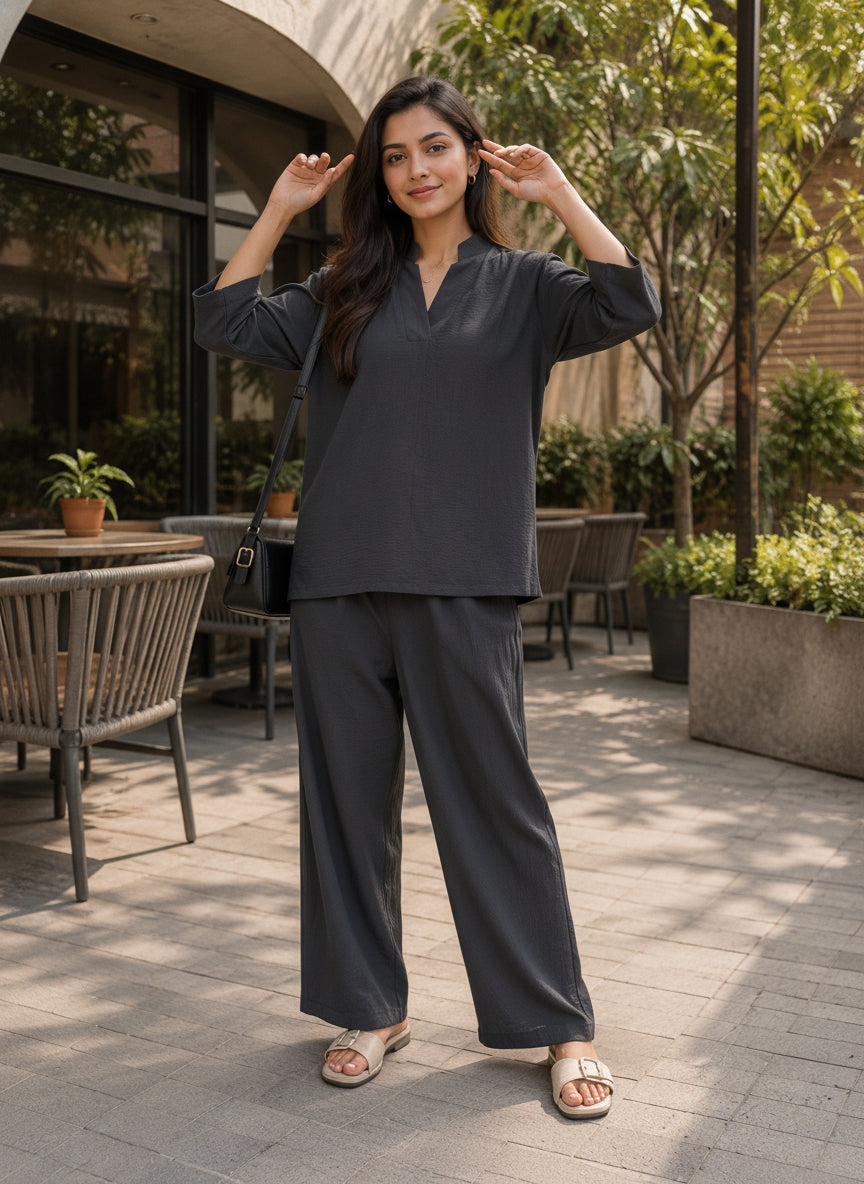 Women Black Solid V-Neck Top & Trousers Co-ords Set