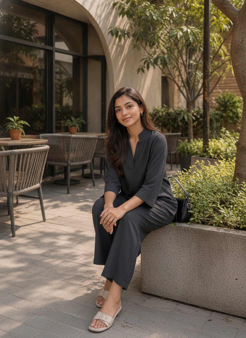 Women Black Solid V-Neck Top & Trousers Co-ords Set