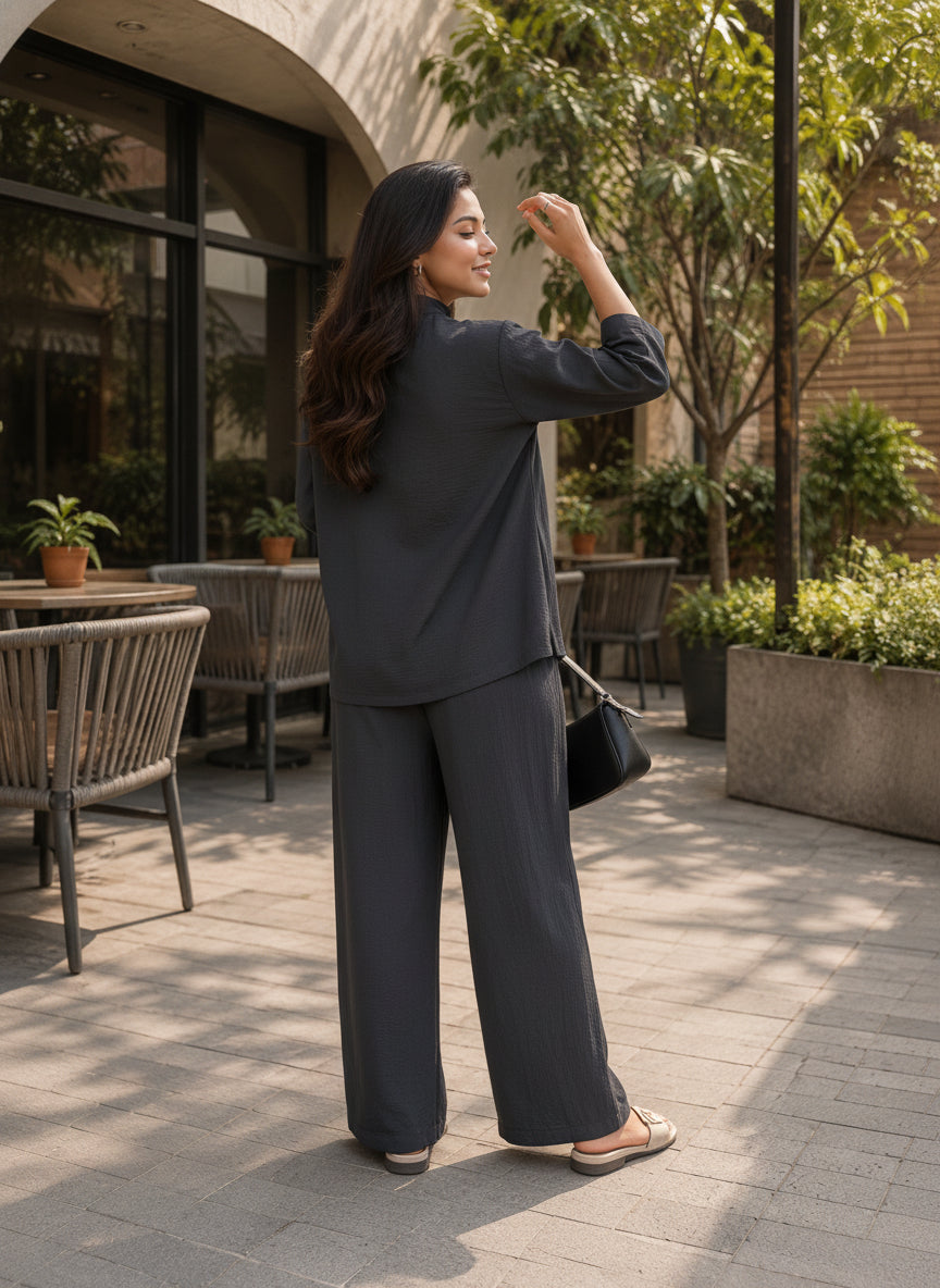 Women Black Solid V-Neck Top & Trousers Co-ords Set