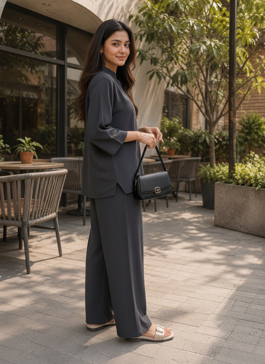 Women Black Solid V-Neck Top & Trousers Co-ords Set