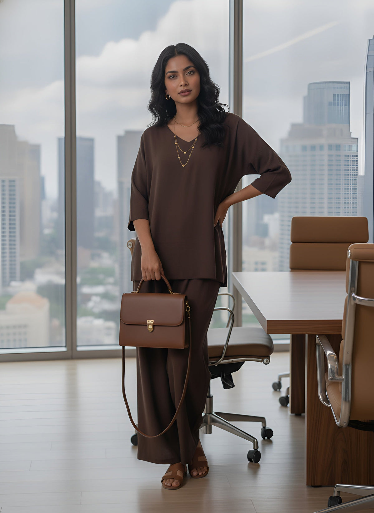 Women Brown Solid V-Neck Top & Trousers Co-ords Set