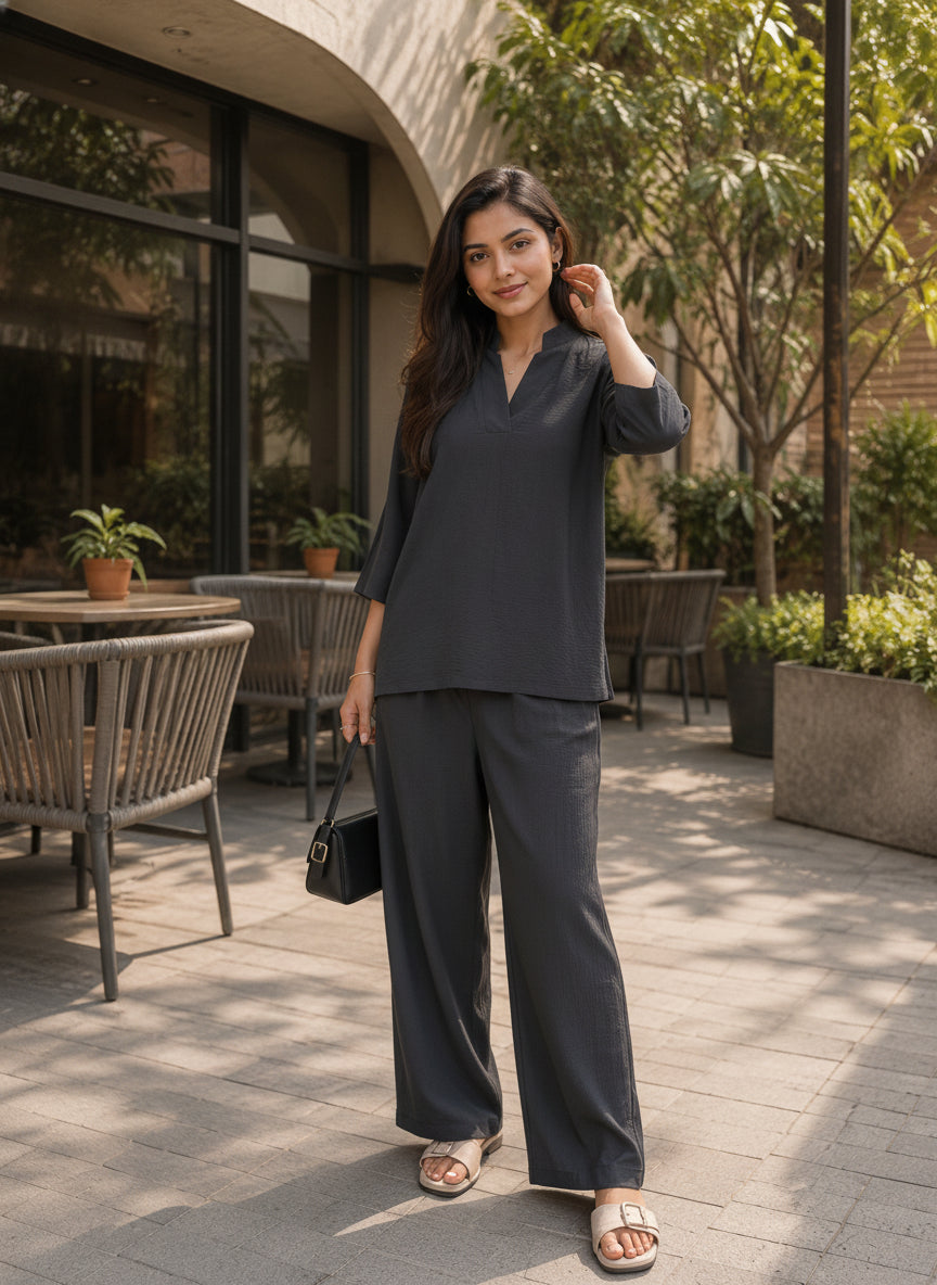 Women Black Solid V-Neck Top & Trousers Co-ords Set