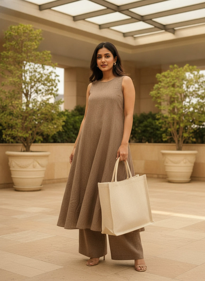 Women Beige Solid Sleeveless Top & Trousers Co-ords Set