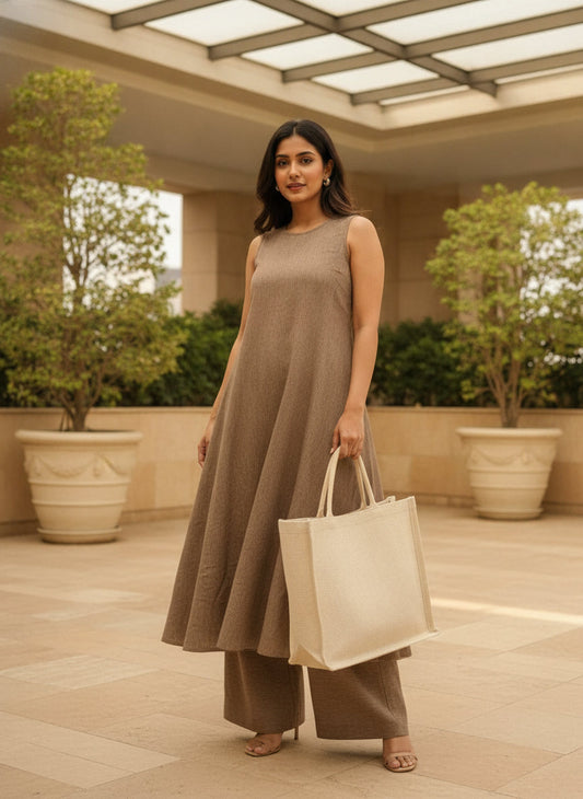 Women Beige Solid Sleeveless Top & Trousers Co-ords Set