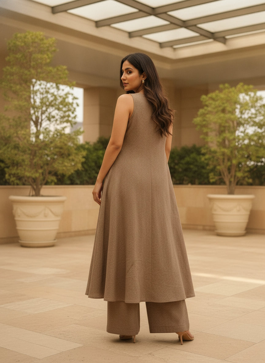 Women Beige Solid Sleeveless Top & Trousers Co-ords Set
