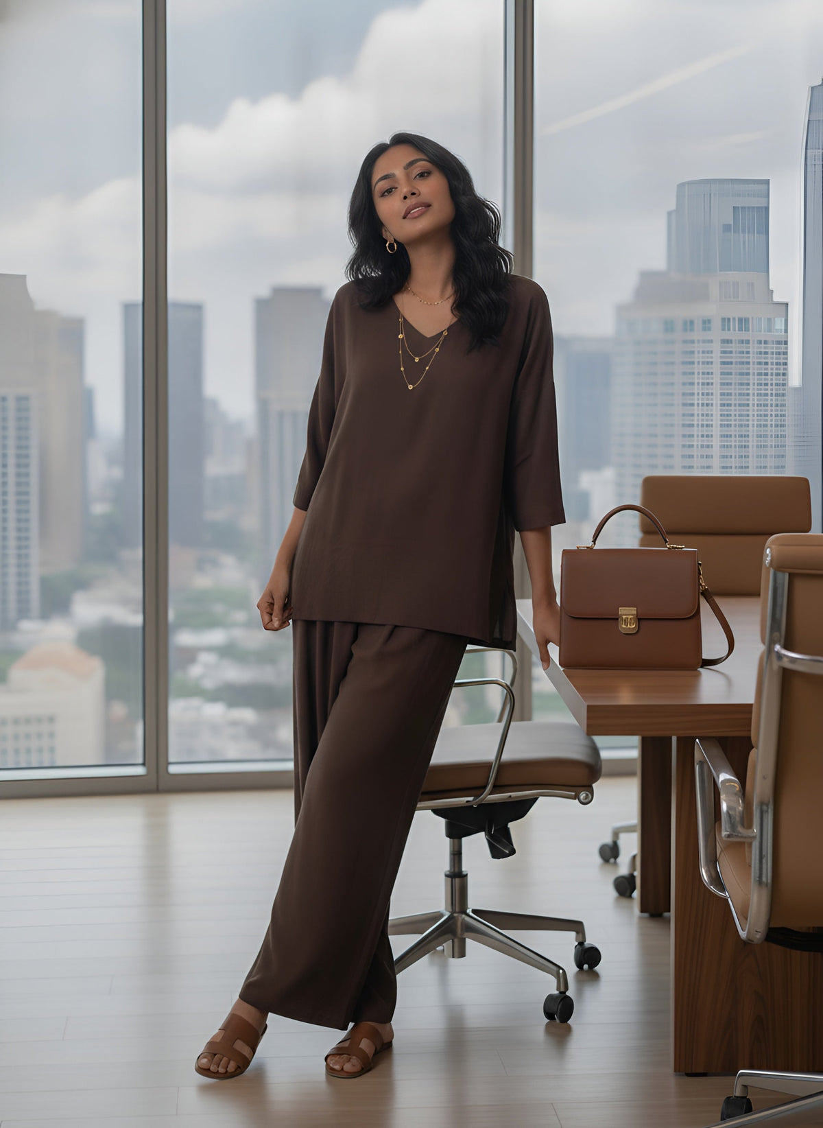 Women Brown Solid V-Neck Top & Trousers Co-ords Set