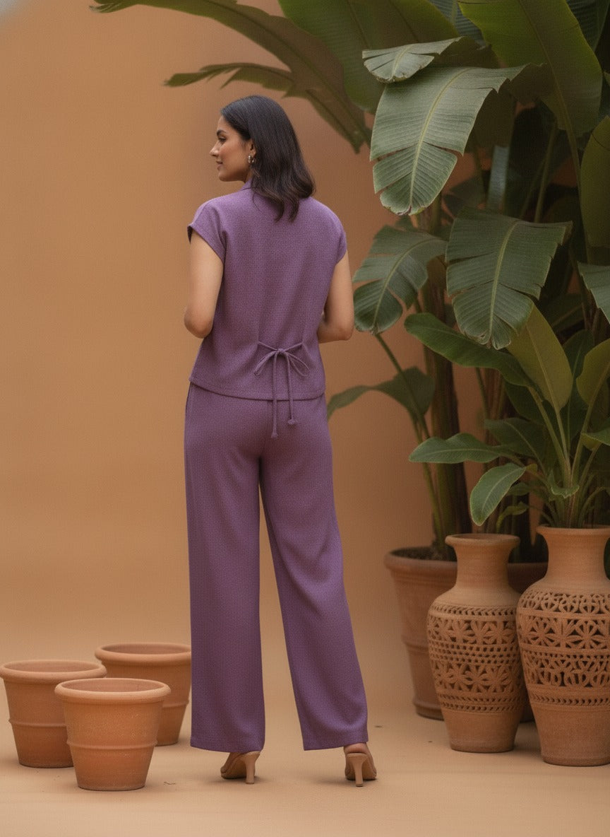 Women Purple Solid Shirt & Trousers Co-ords Set