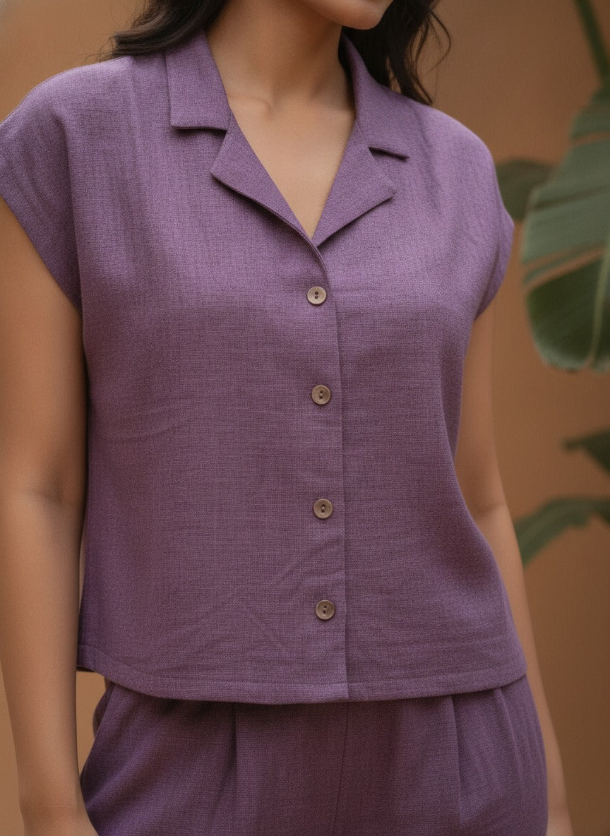 Women Purple Solid Shirt & Trousers Co-ords Set