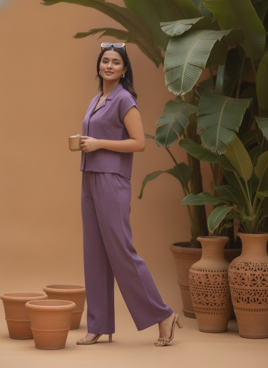 Women Purple Solid Shirt & Trousers Co-ords Set