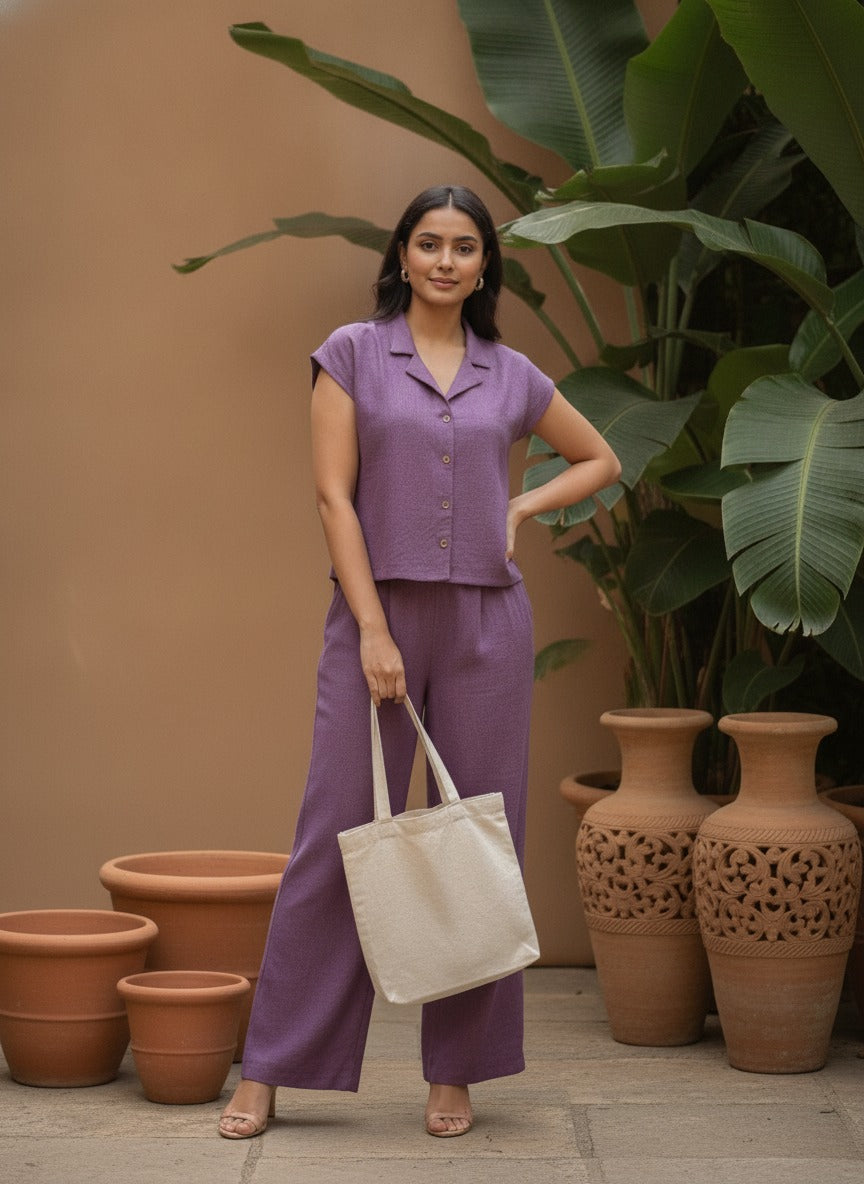 Women Purple Solid Shirt & Trousers Co-ords Set