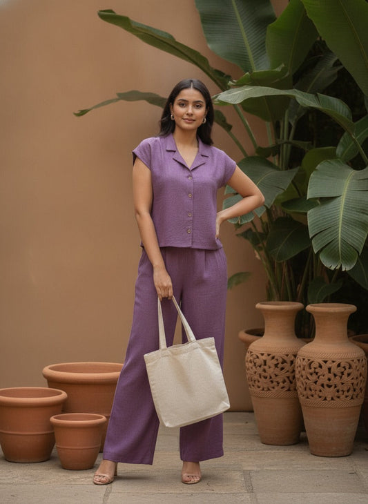 Women Purple Solid Shirt & Trousers Co-ords Set