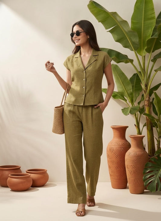 Women olive Green Solid Shirt & Trousers Co-ords Set
