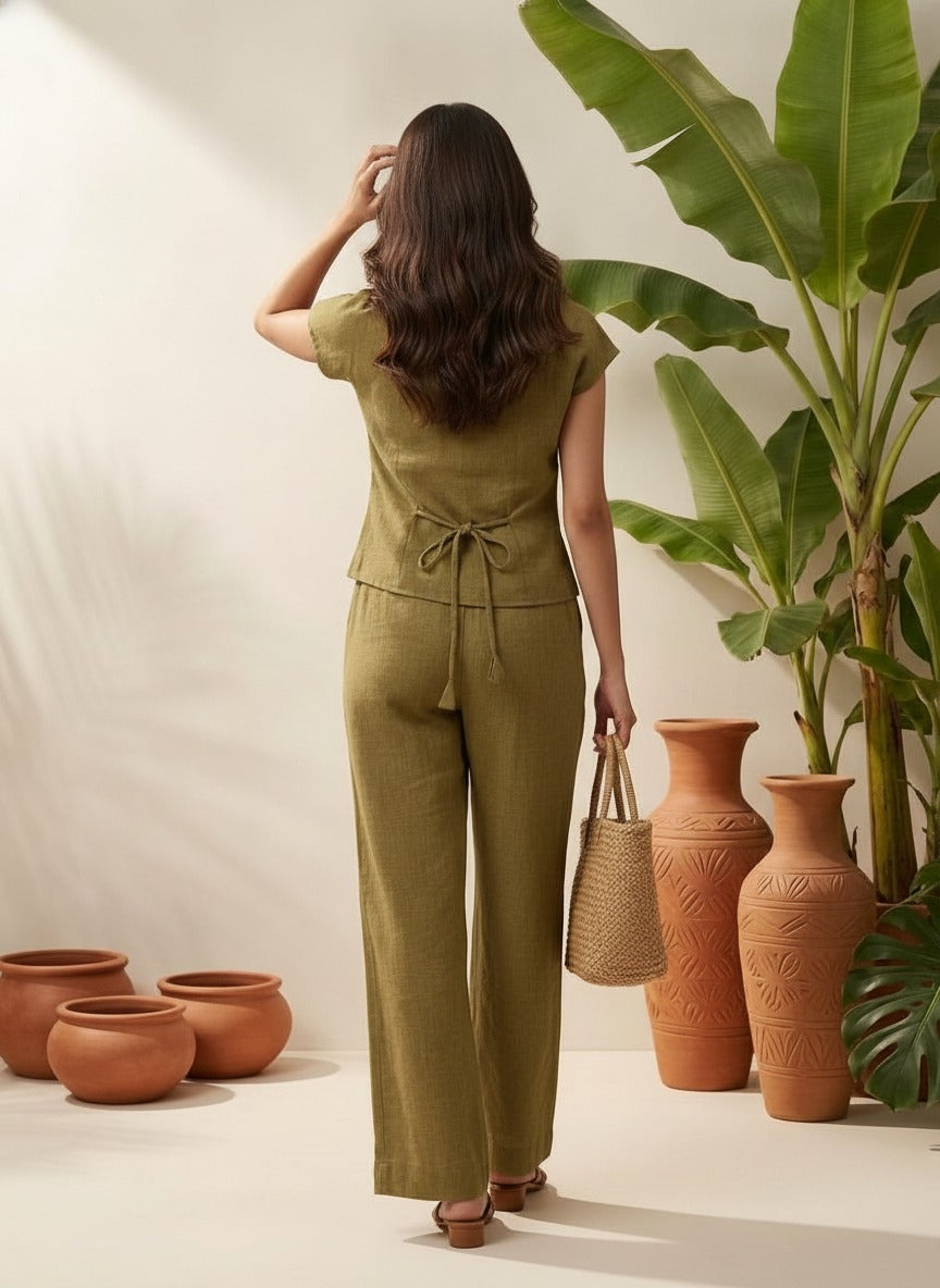 Women olive Green Solid Shirt & Trousers Co-ords Set