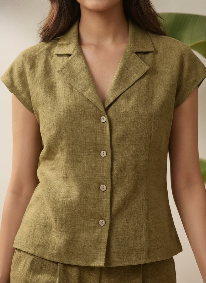 Women olive Green Solid Shirt & Trousers Co-ords Set