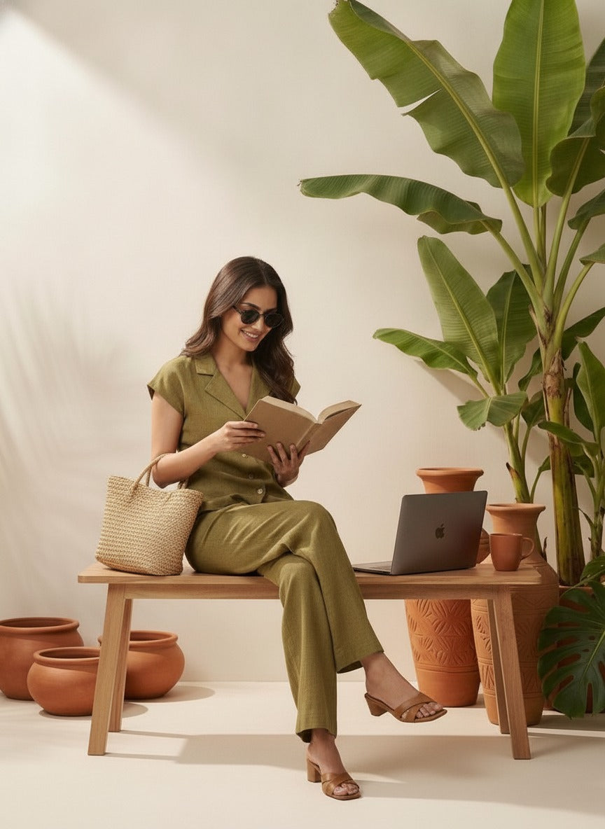 Women olive Green Solid Shirt & Trousers Co-ords Set