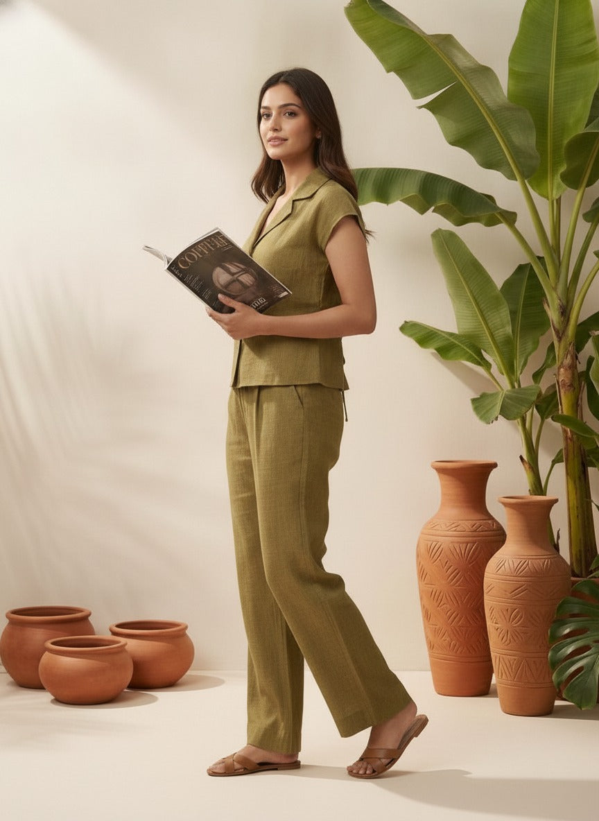 Women olive Green Solid Shirt & Trousers Co-ords Set
