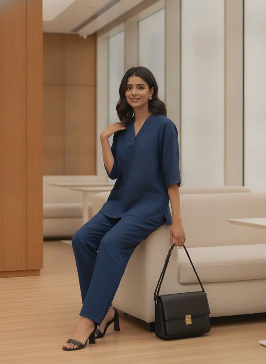 Women Blue Solid V-Neck Top & Trousers Co-ords Set
