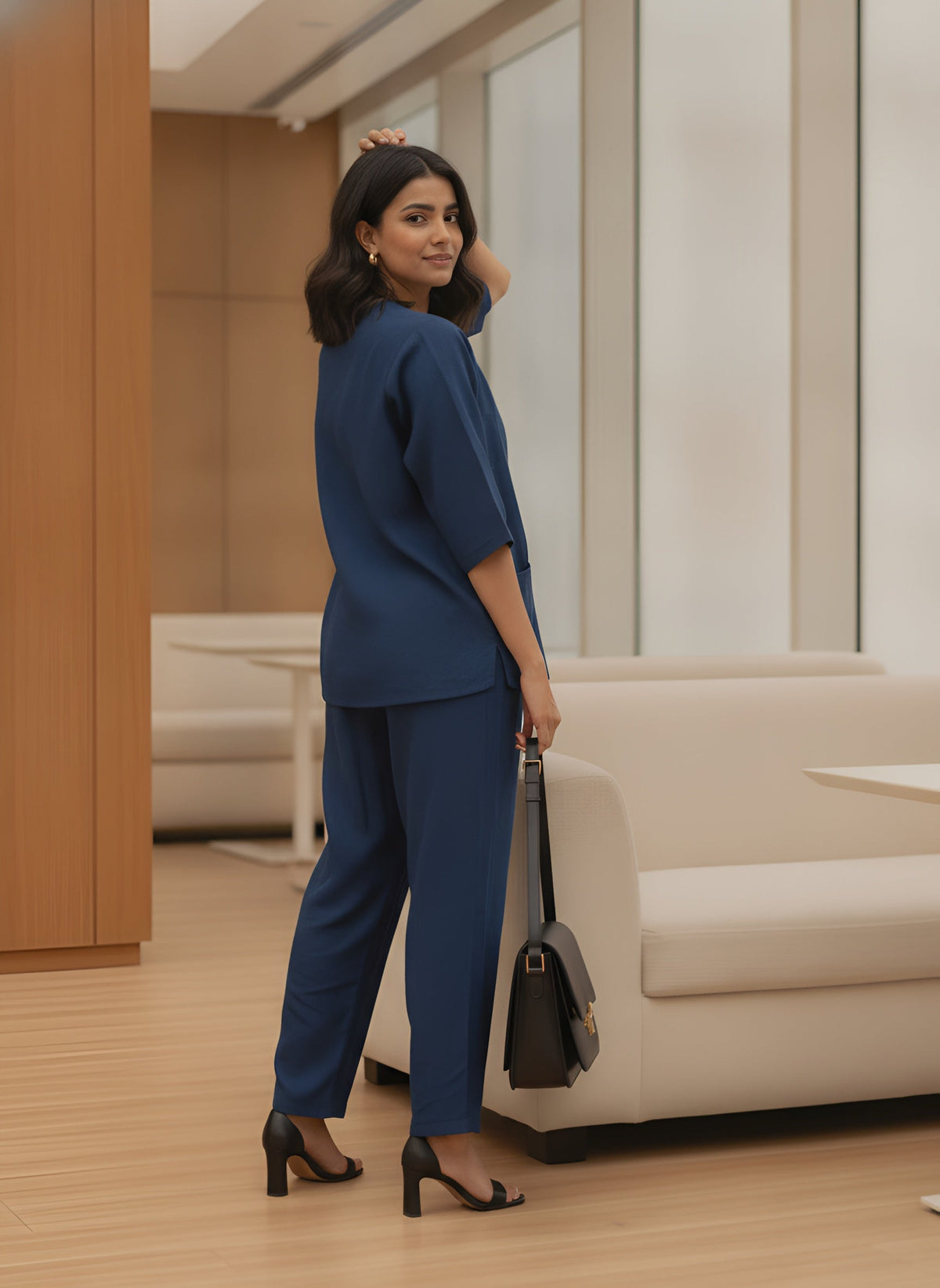 Women Blue Solid V-Neck Top & Trousers Co-ords Set