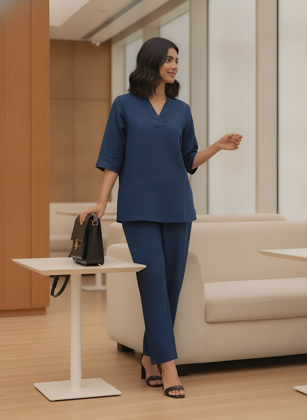 Women Blue Solid V-Neck Top & Trousers Co-ords Set